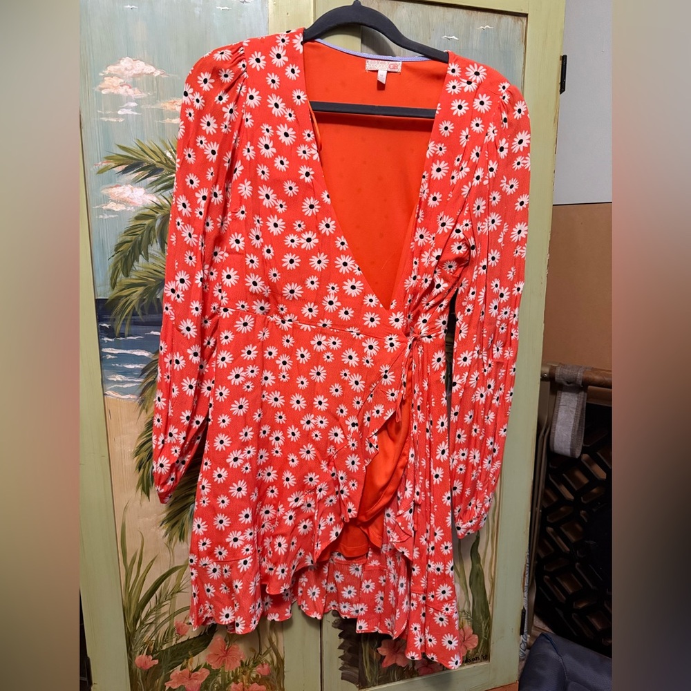 Gianni Bini Orange Wrap Floral Mini Dress